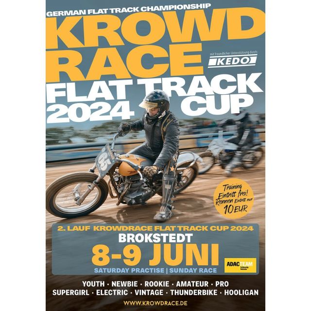 Moin Leude! Aus organisatorischen Gründen mussten wir den Termin in BROKSTEDT auf den 8.-9. JUNI vorverlegen. Bitte die Änderung großräumig streuen, damit es alle mitbekommen. 
Und nicht vergessen: CLUB-MITGLIEDSCHAFT und persönliche Startnummer bis spätestens 30. APRIL sichern. Danke und Grüßerl! 
#krowdrace #flattrackgermany #flattrack #kedo #mscbrokstedt